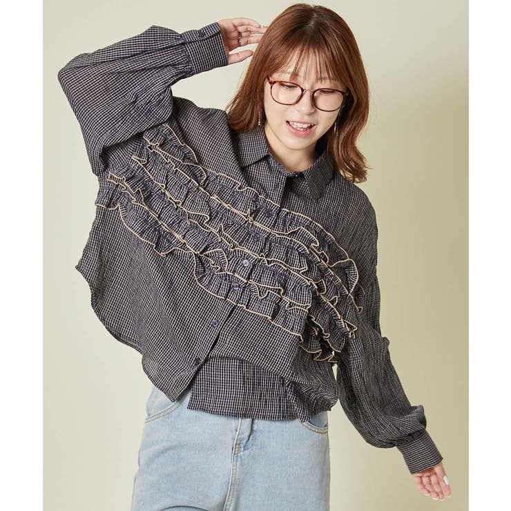 ネイビー | 《動き映えフリル×チェック柄》レディース シャツ ブラウス 体型カバー 春夏秋 | GORGE 