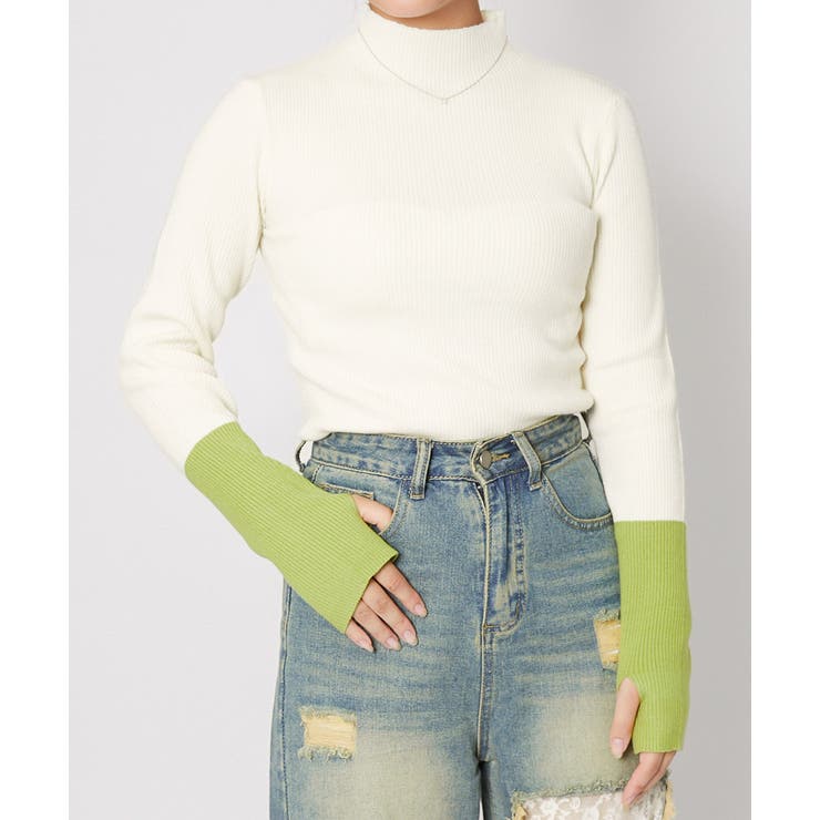 アイボリー | 《袖配色リブ×指穴デザイン》レディース ハイネック ニットプルオーバー | GORGE 