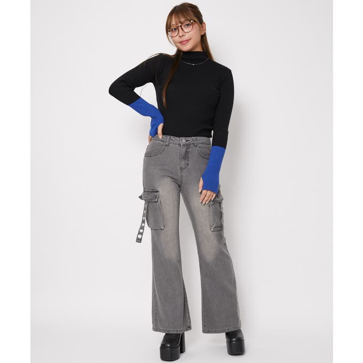 《袖配色リブ×指穴デザイン》レディース ハイネック ニットプルオーバー | GORGE  | 詳細画像1 