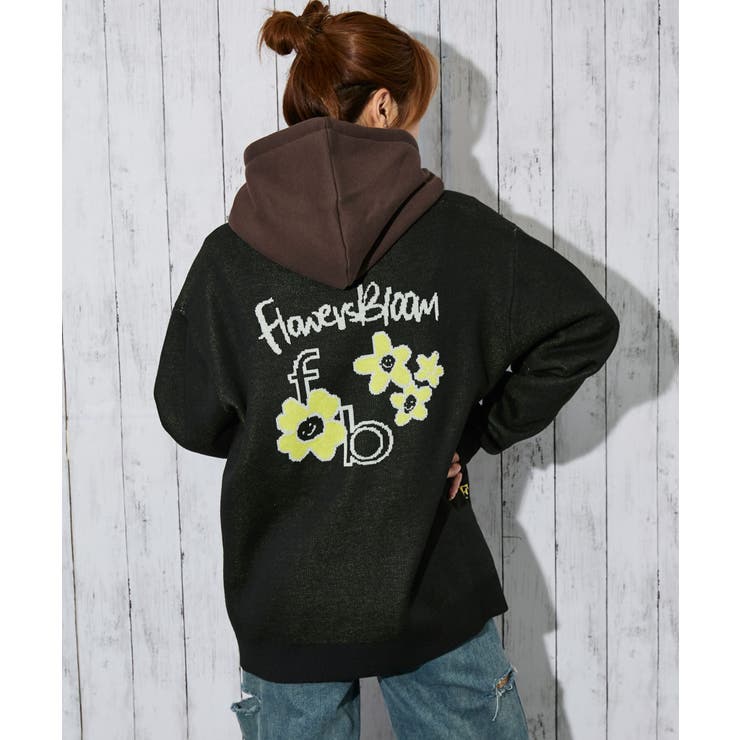 ブラック | 《フラワージャガード×ロゴデザイン》レディース ニットカーディガン ゆったりシル… | GORGE 