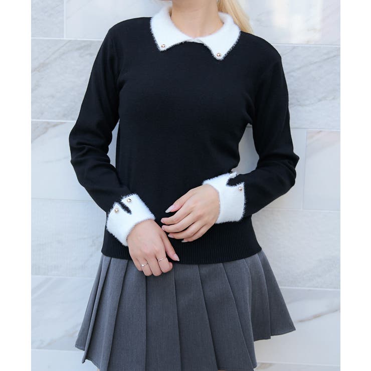 ブラック | 《フェザー襟×袖口デザイン》レディース ニットプルオーバー 配色アクセント | GORGE 