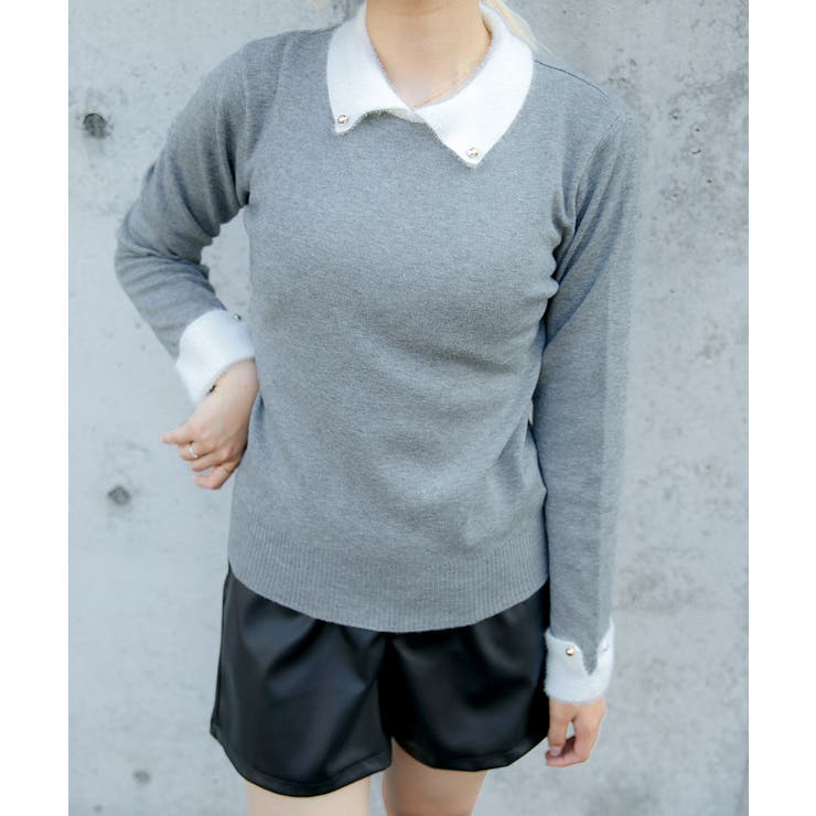 グレー | 《フェザー襟×袖口デザイン》レディース ニットプルオーバー 配色アクセント | GORGE 