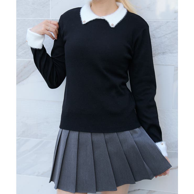 《フェザー襟×袖口デザイン》レディース ニットプルオーバー 配色アクセント | GORGE  | 詳細画像1 