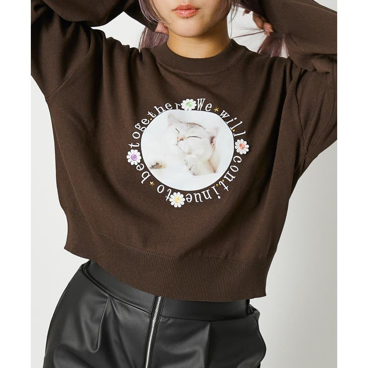 ブラウン | 《ネコプリント×ドライタッチ》レディース ニットプルオーバー 長袖 | GORGE 