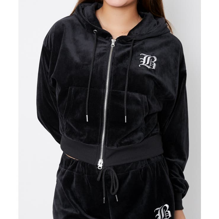 ベロア×ロゴ刺繍》レディース ジップパーカー フーディ[品番
