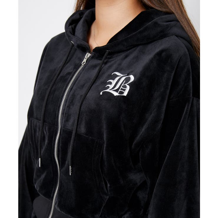 ベロア×ロゴ刺繍》レディース ジップパーカー フーディ[品番