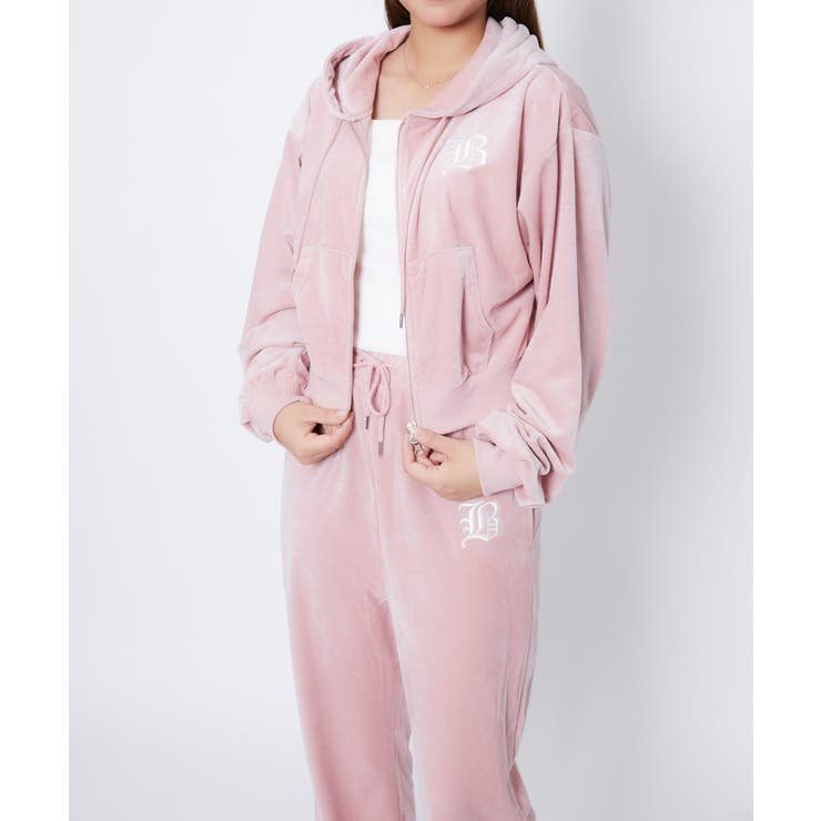 ベロア×ロゴ刺繍》レディース ジップパーカー フーディ[品番