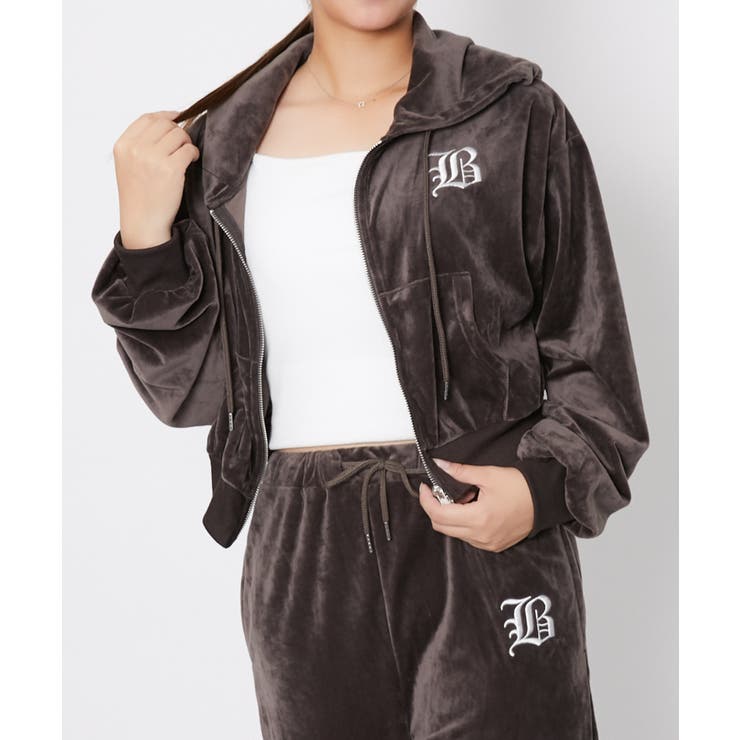 ベロア×ロゴ刺繍》レディース ジップパーカー フーディ[品番