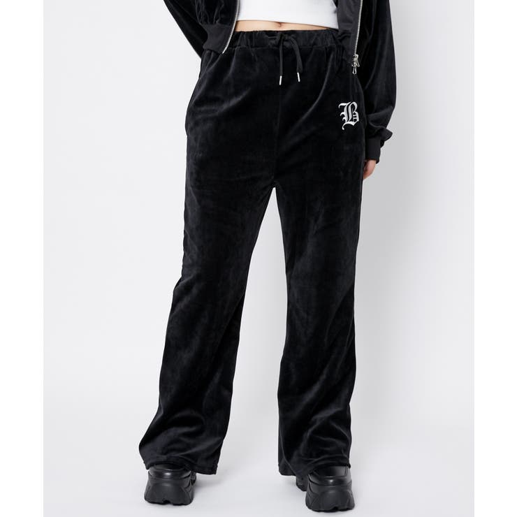 ブラック | 《ベロア×フレアシルエット》レディース ロゴ刺繍パンツ セットアップ対応 秋冬 | GORGE 