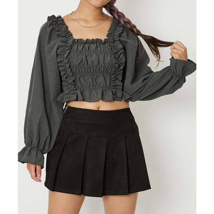 ブラック | 《フリル×シャーリング》レディース チェック柄 ブラウス | GORGE 