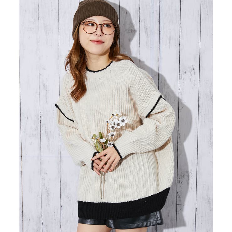 配色ライン×畦編み》レディース ニットプルオーバー オーバーサイズ