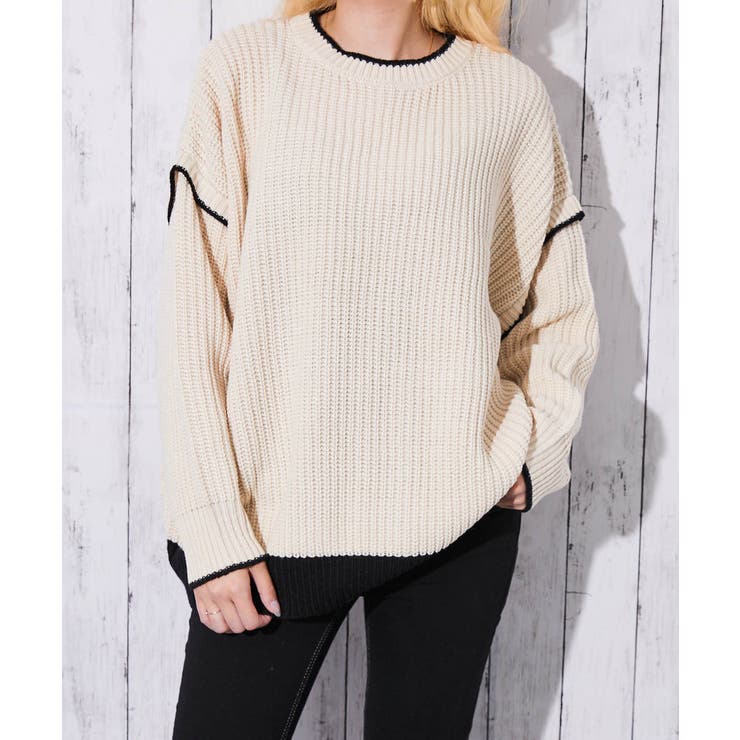 配色ライン×畦編み》レディース ニットプルオーバー オーバーサイズ