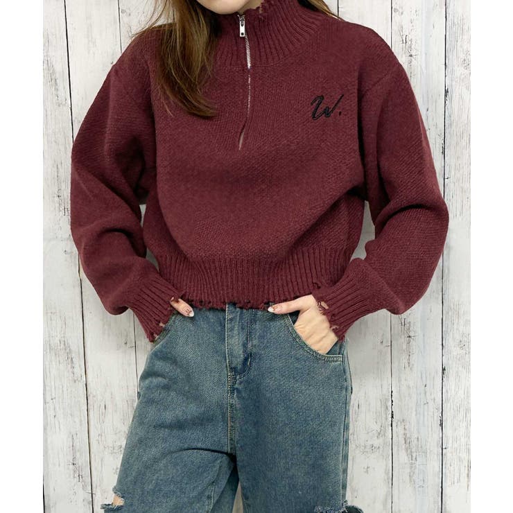ボルドー | 《ダメージ×ハーフジップ》レディース ニットプルオーバー ショート丈 秋冬 | GORGE 