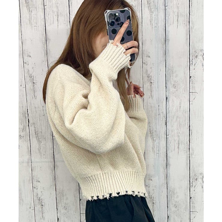 《ダメージ×ハーフジップ》レディース ニットプルオーバー ショート丈 秋冬 | GORGE  | 詳細画像2 