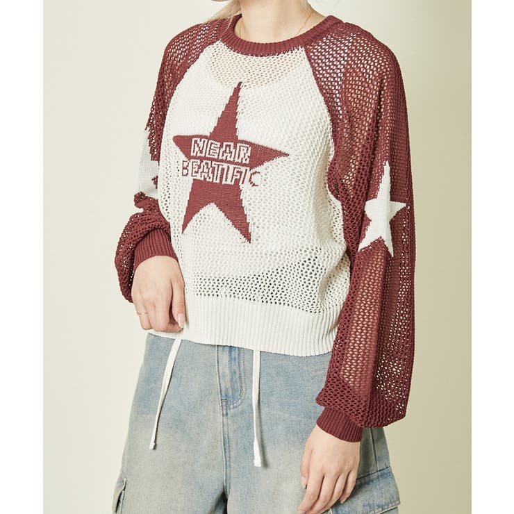 ボルドー | 《メッシュ×ビッグスター》レディース ニットプルオーバー 透かし編み 春夏秋 | GORGE 