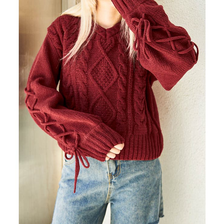 ボルドー | 《袖レースアップ×ケーブル編み》レディース モールニット Ｖネックプルオーバー | GORGE 