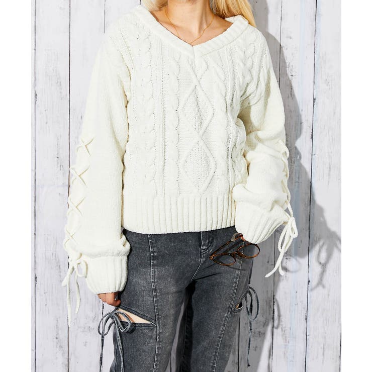 《袖レースアップ×ケーブル編み》レディース モールニット Ｖネックプルオーバー | GORGE  | 詳細画像5 