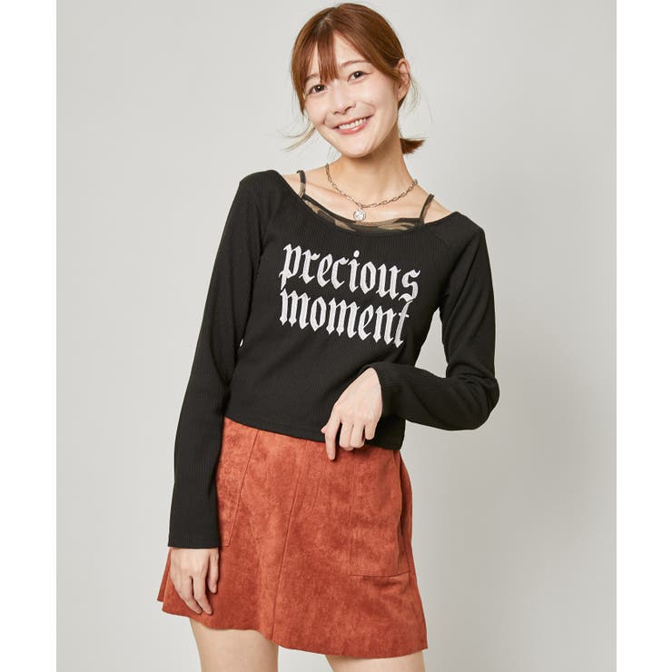 ブラック | 《レイヤード風×細見えシルエット》メイサイ柄キャミレイヤード風 テレコトップス | GORGE 