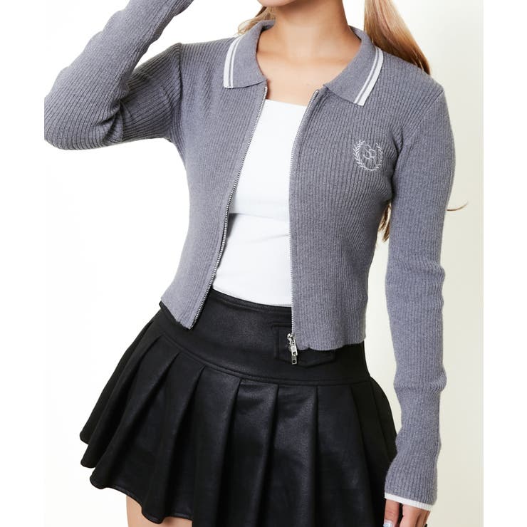 チャコール | 《配色ライン襟×ワッペン刺繍》レディース リブニットジップカーディガン 長袖 | GORGE 