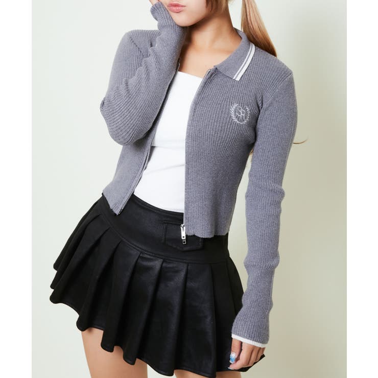 《配色ライン襟×ワッペン刺繍》レディース リブニットジップカーディガン 長袖 | GORGE  | 詳細画像2 