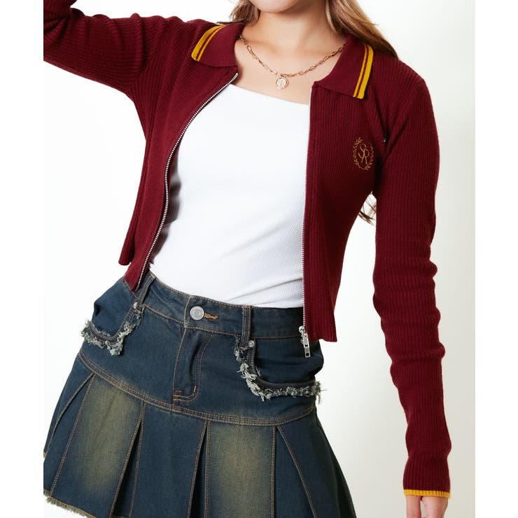 ボルドー | 《配色ライン襟×ワッペン刺繍》レディース リブニットジップカーディガン 長袖 | GORGE 
