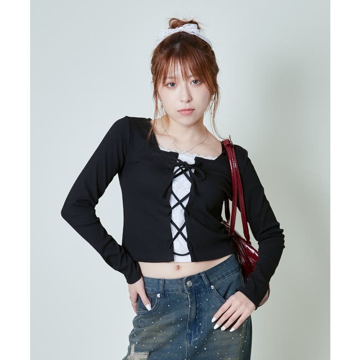 Soft sheer RIBレースアップトップス Soft sheer RIBレースアップトップス