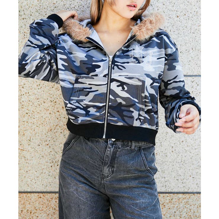 レディース 裏毛スウェットジップパーカー ラインストーンロゴ[品番