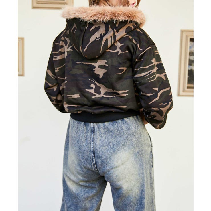 迷彩×ファー付き》レディース 裏毛スウェットジップパーカー ライン