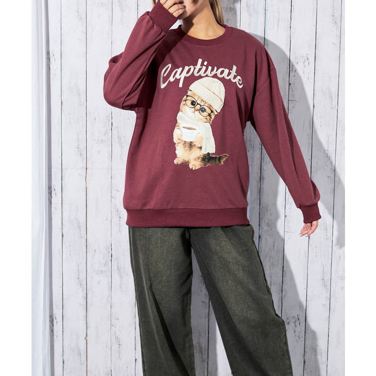 ねこニット帽×刺繍ロゴ》レディース 裏毛 スウェット[品番