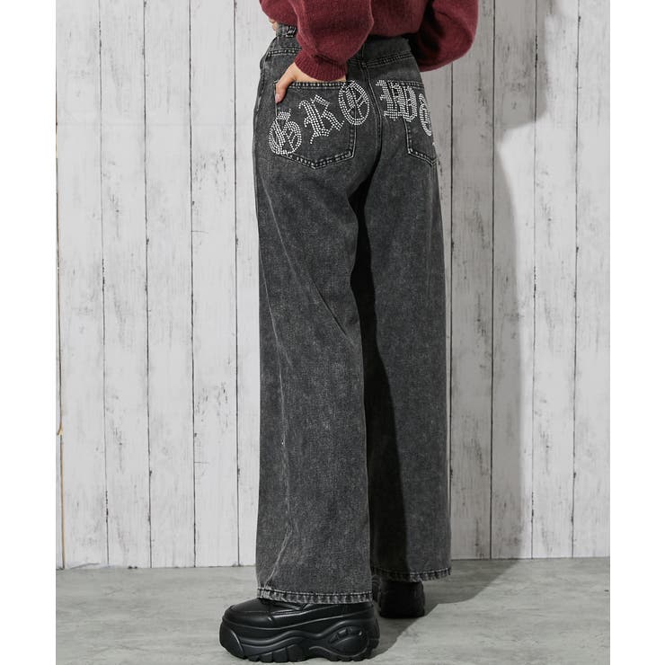 ブラック | 《バックロゴ×ラインストーン》レディース デニムパンツ ワイドシルエット | GORGE 