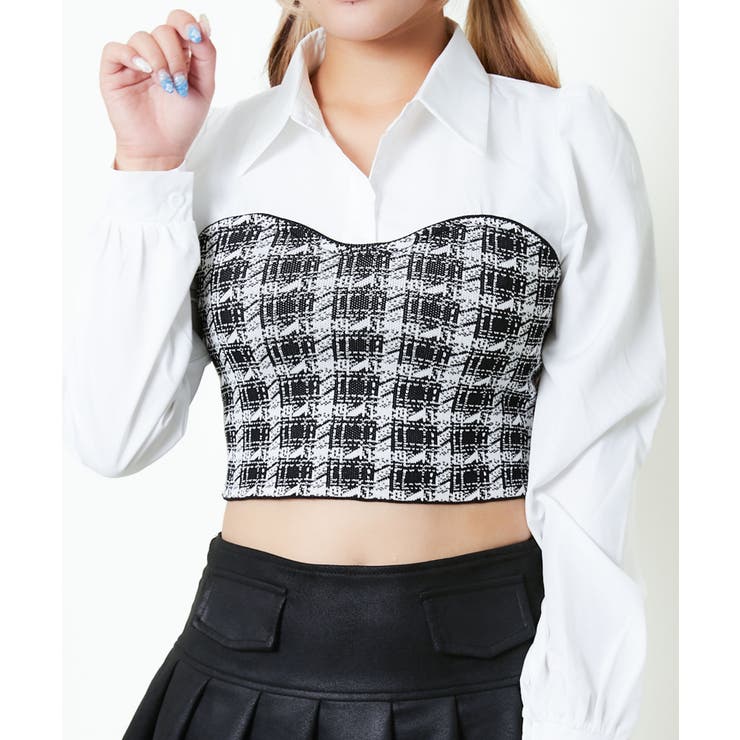 アイボリー | 《ビスチェドッキング×千鳥柄》レディース シャツブラウス 長袖トップス 春秋冬 | GORGE 