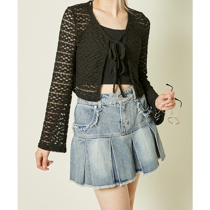 ブラック | 《カットレース×ガーリーリボン》シアー感カーデ	 | GORGE 
