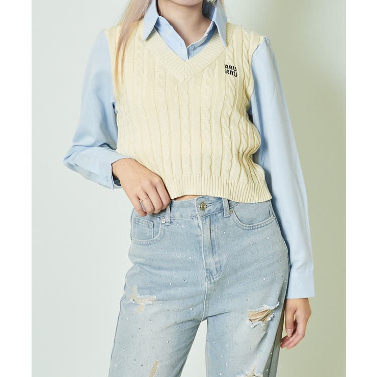 《ニットベスト×シャツドッキング》レディース 長袖トップス 重ね着風 春秋対応 | GORGE  | 詳細画像8 