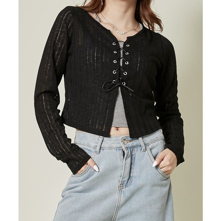ブラック | 《透け感リブ×レースアップ》華奢見えトップス | GORGE 
