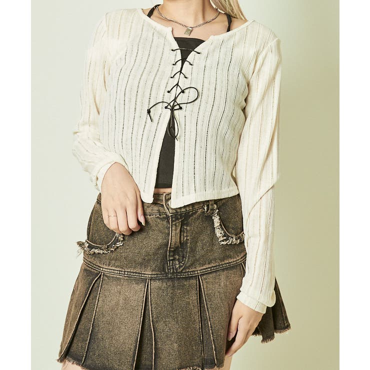 オフホワイト | 《透け感リブ×レースアップ》華奢見えトップス | GORGE 