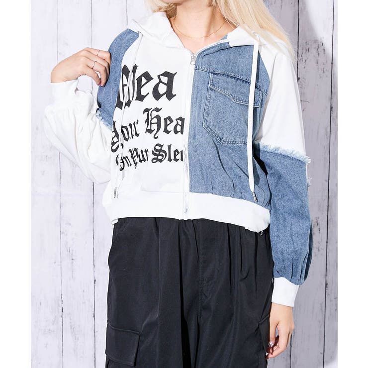 《短丈デニム切替×ロゴ》レディース 裏毛ジップパーカー クロップド丈 | GORGE  | 詳細画像1 