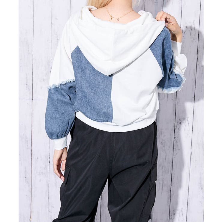 《短丈デニム切替×ロゴ》レディース 裏毛ジップパーカー クロップド丈 | GORGE  | 詳細画像3 