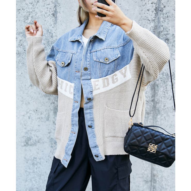 キルティング デニム　ボア 切り替え　レイヤード gジャン ミリタリー　コート デニム×ニット切替》レディース Gジャン 配色ロゴ入り 異素材