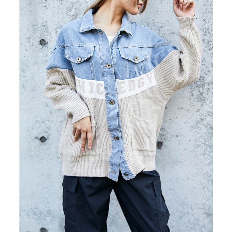 デニム×ニット切替》レディース Gジャン 配色ロゴ入り 異素材MIX