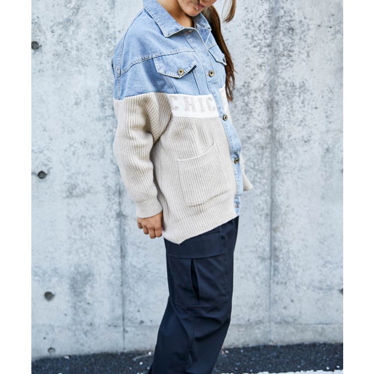 デニム×ニット切替》レディース Gジャン 配色ロゴ入り 異素材MIX