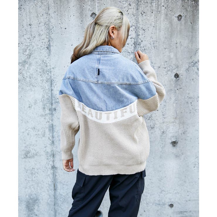 デニム×ニット切替》レディース Gジャン 配色ロゴ入り 異素材MIX