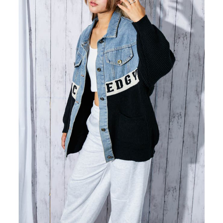 デニム×ニット切替》レディース Gジャン 配色ロゴ入り 異素材