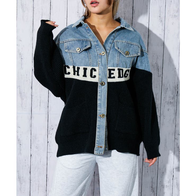 デニム×ニット切替》レディース Gジャン 配色ロゴ入り 異素材MIX