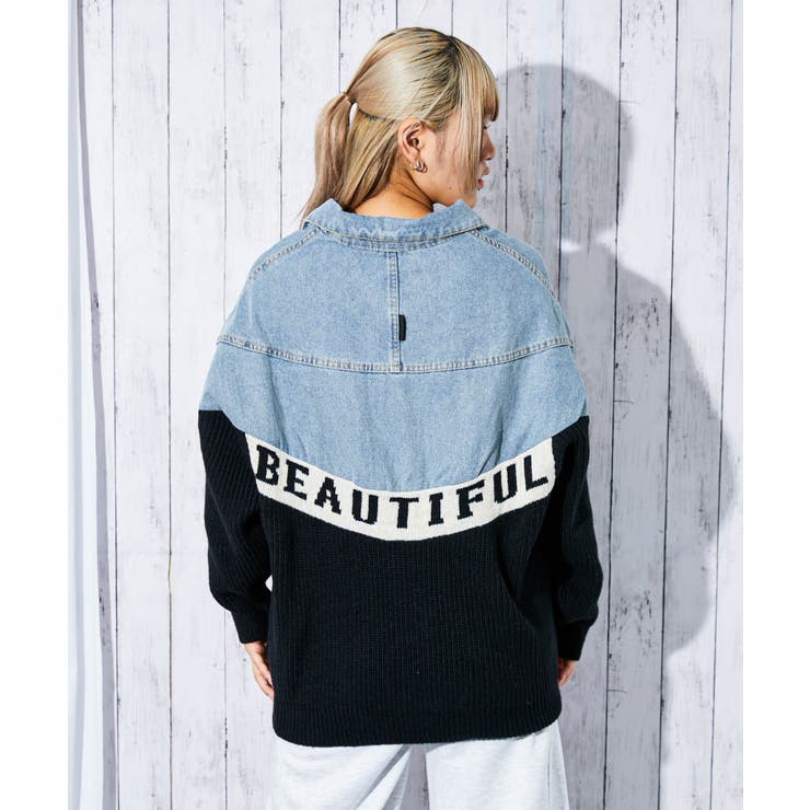 デニム×ニット切替》レディース Gジャン 配色ロゴ入り 異素材