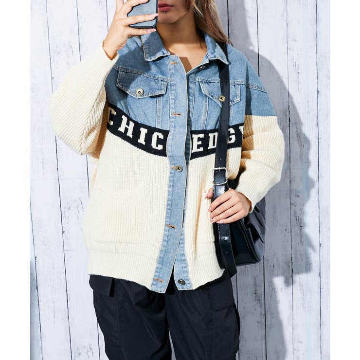 デニム×ニット切替》レディース Gジャン 配色ロゴ入り 異素材MIX