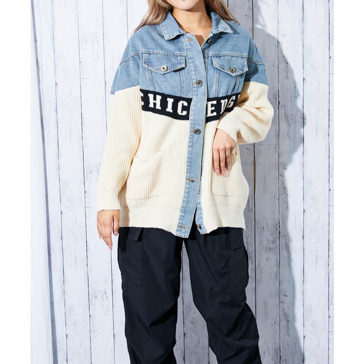 デニム×ニット切替》レディース Gジャン 配色ロゴ入り 異素材MIX