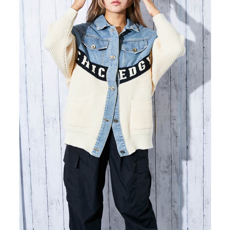 デニム×ニット切替》レディース Gジャン 配色ロゴ入り 異素材MIX