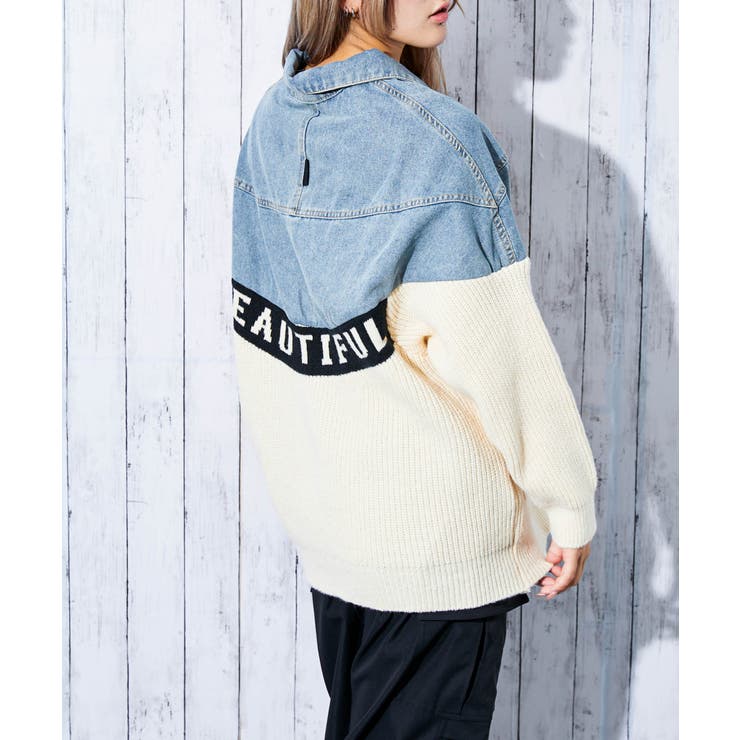 デニム×ニット切替》レディース Gジャン 配色ロゴ入り 異素材