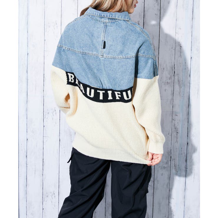 デニム×ニット切替》レディース Gジャン 配色ロゴ入り 異素材MIX