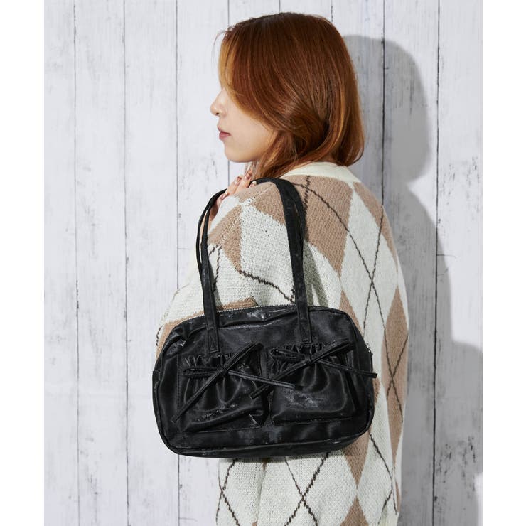 ブラック | 《ダブルリボン×フロントポケット》レディース ショルダーバッグ オールシーズン | GORGE 